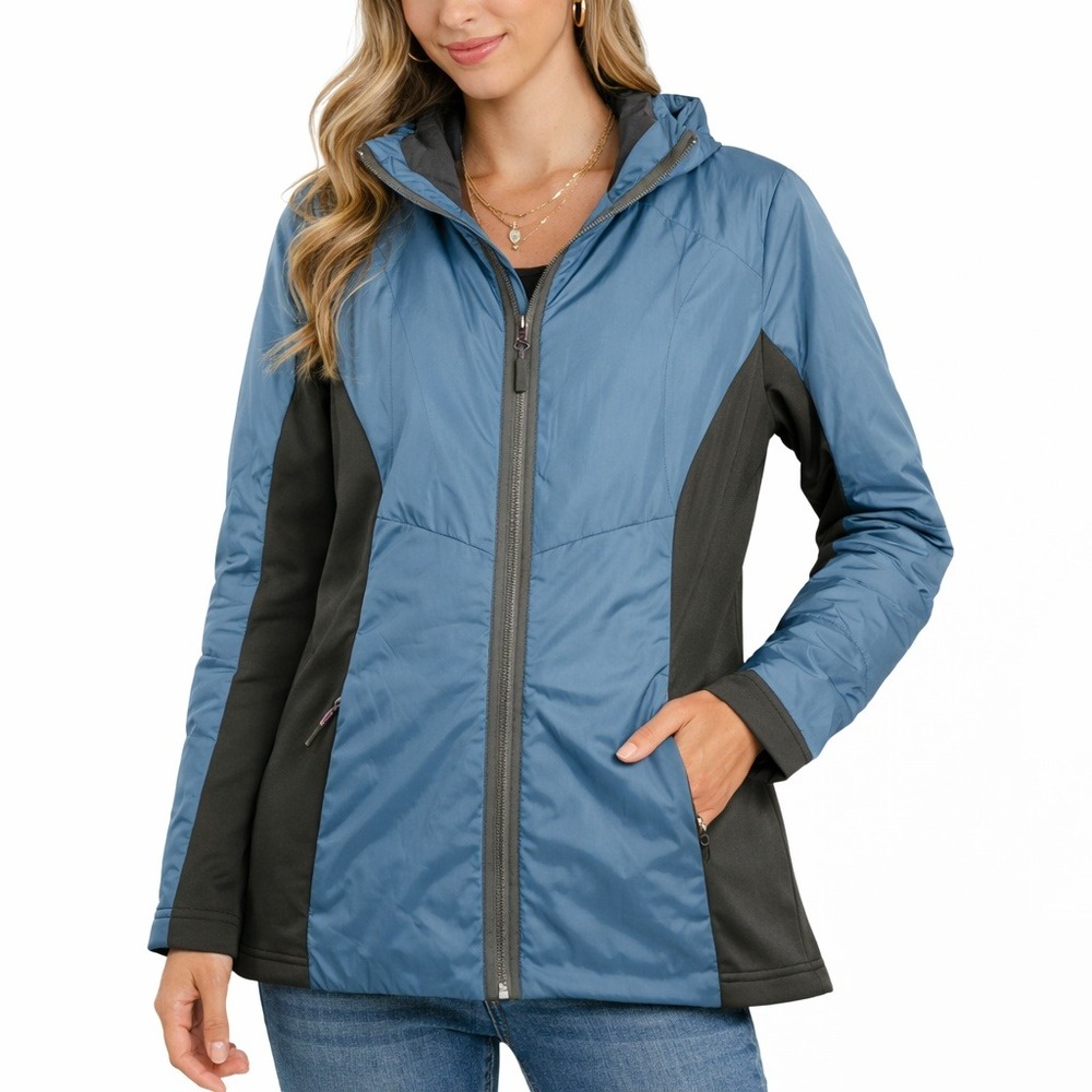 Champion Duo Dry Women Medium Blue Black Hybrid Hooded Puffer Jacket R1410